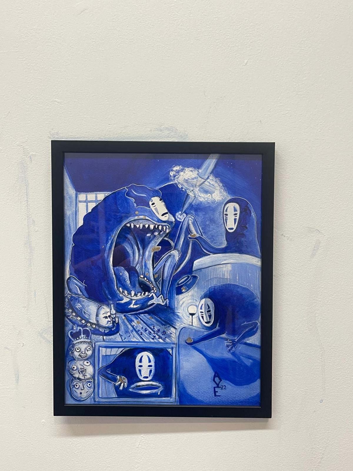 Framed blue painting of masked spirits and a creature in a crowded room